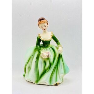 Vintage Porcelain Dancing Lady Figurine Planter‎ / Vase Green Ballgown Brunette
